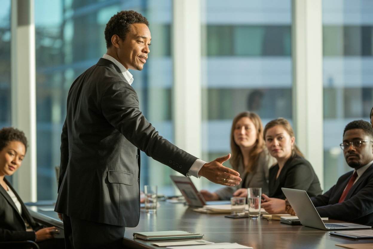 Homme en costume en pleine réunion avec des collaborateurs.